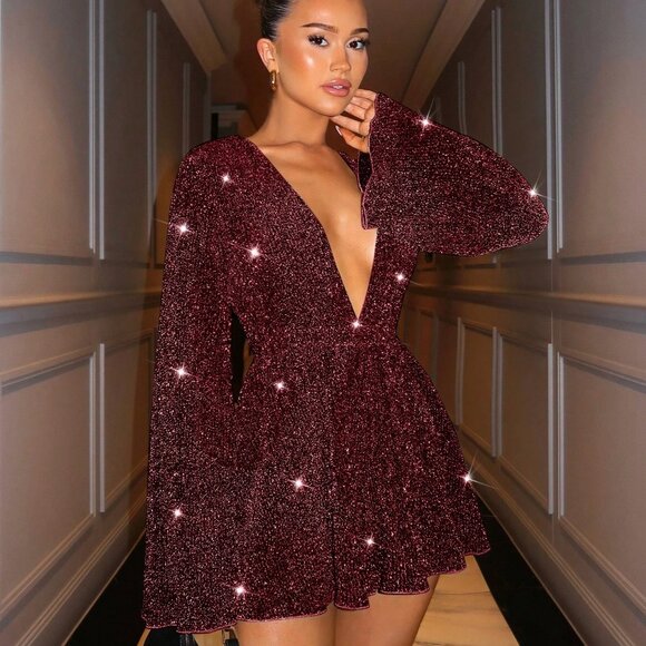 Burgundy Party Women's Gorgeous Elegant Deep V Neck Glittery Bell Sleeve romper - Picture 5 of 7